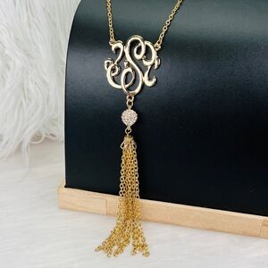 Vintage aged goldtone large fringe dangle pendant necklace
